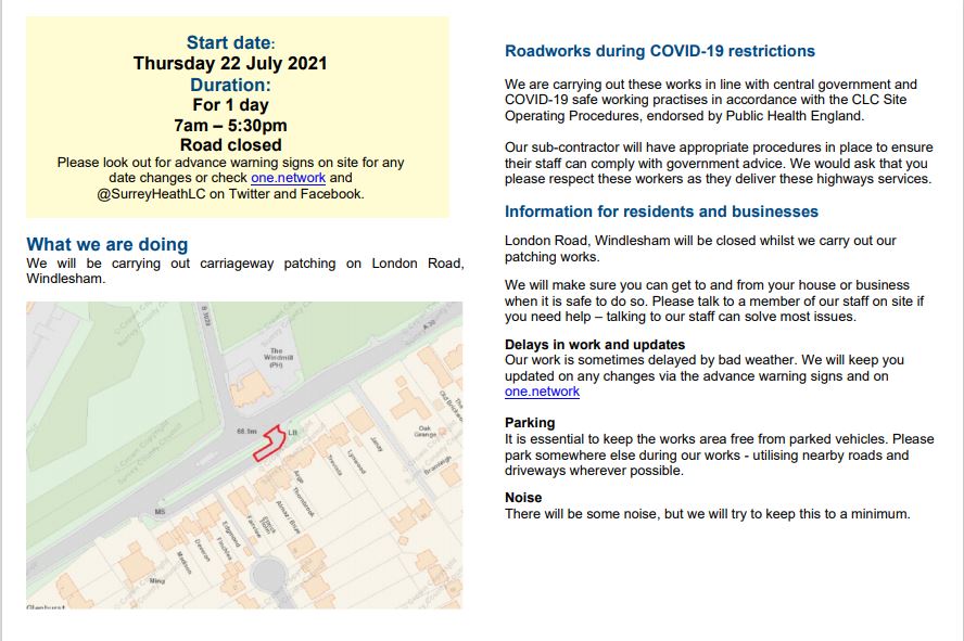 Road Closure London Road Windlesham